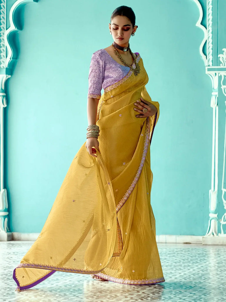 Adorable Yellow Heavy Border Work Tissue Silk Haldi Wear Saree