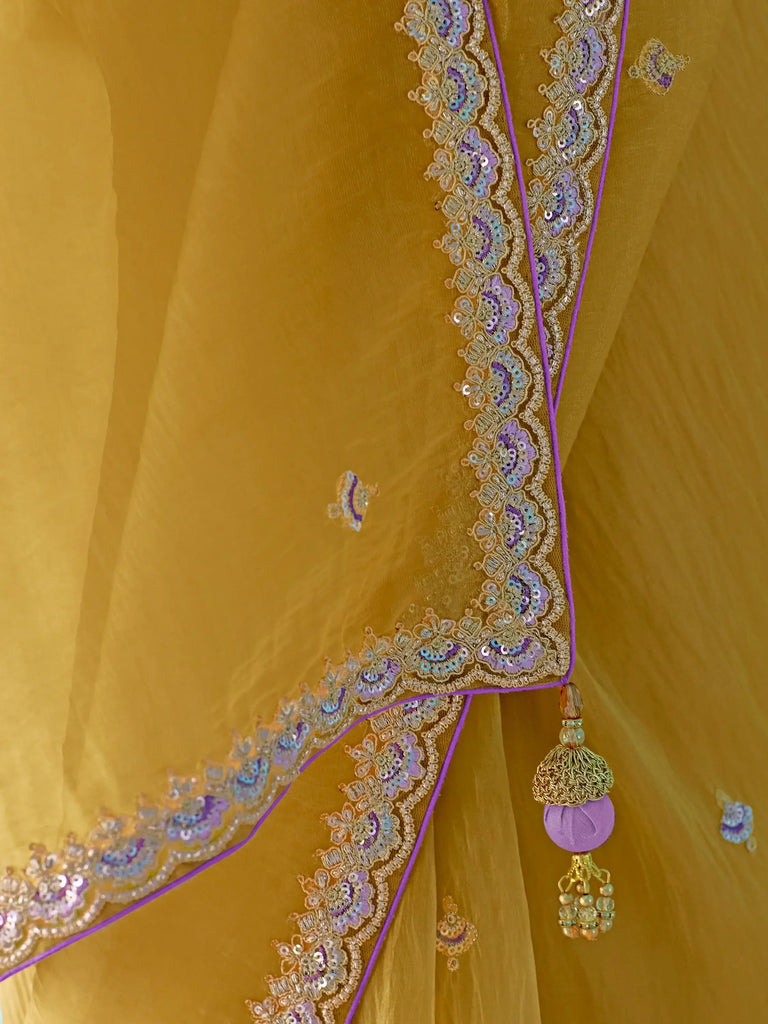 Adorable Yellow Heavy Border Work Tissue Silk Haldi Wear Saree
