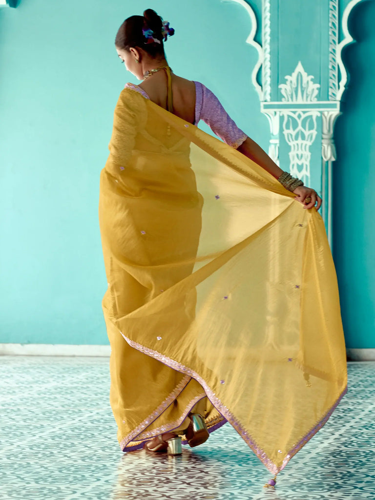 Adorable Yellow Heavy Border Work Tissue Silk Haldi Wear Saree