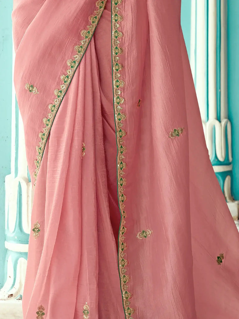 Charming Peach Heavy Border Work Tissue Silk Saree With Blouse