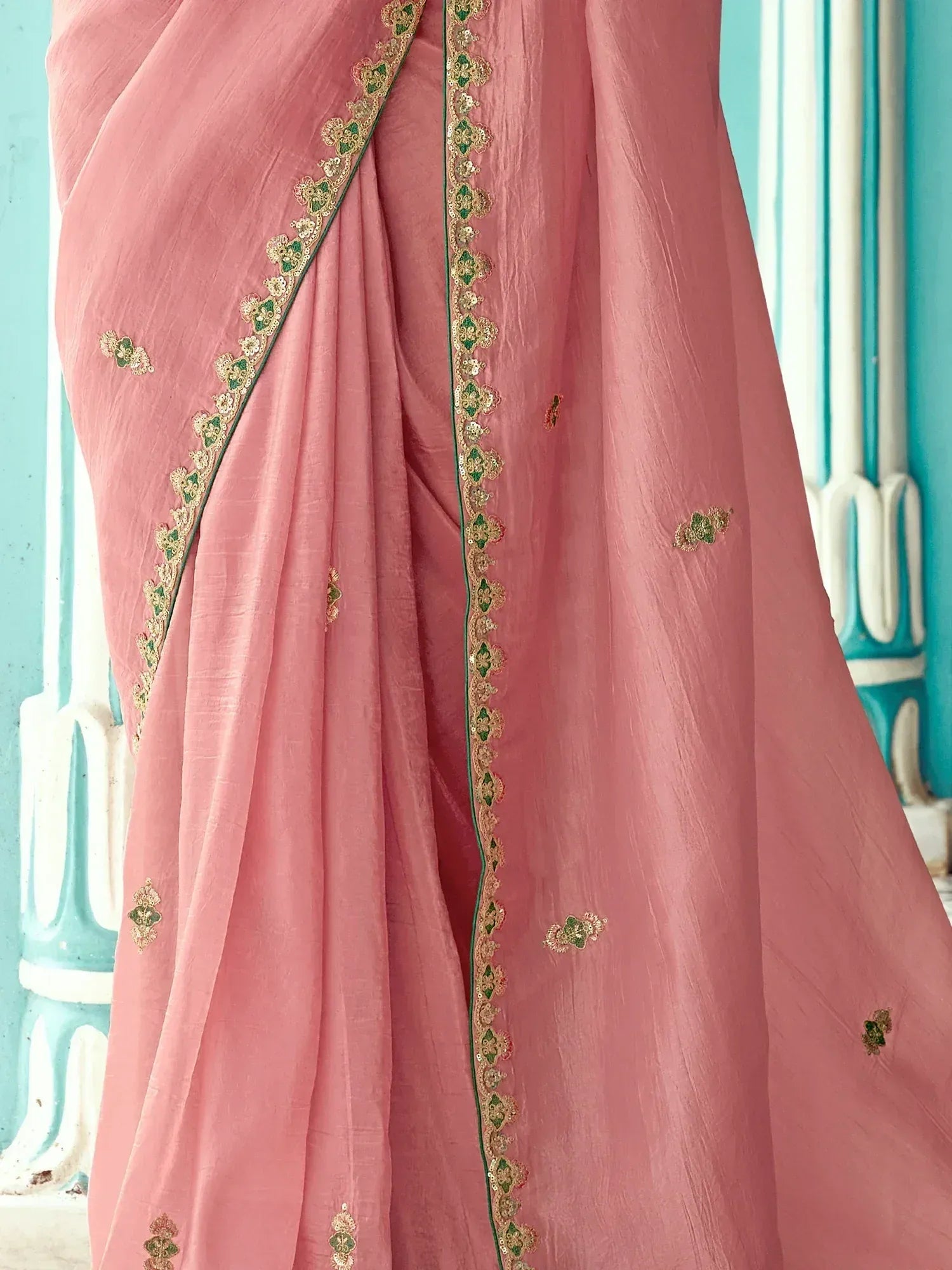 Pink saree with green and gold embroidery, Indian ethnic wear