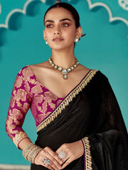 Enchanting Black Heavy Border Work Tissue Silk Reception Wear Saree