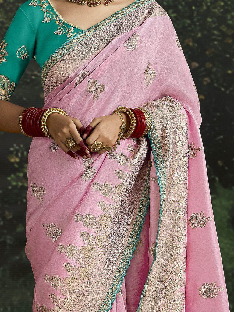 Beautiful Baby Pink Zari Weaving Silk Festival Wear Saree With Blouse