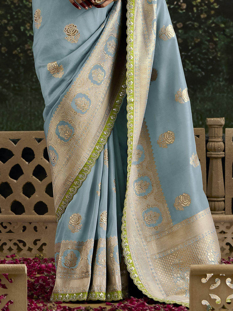 Gorgeous Sky-Blue Zari Weaving Silk Event Wear Saree With Blouse