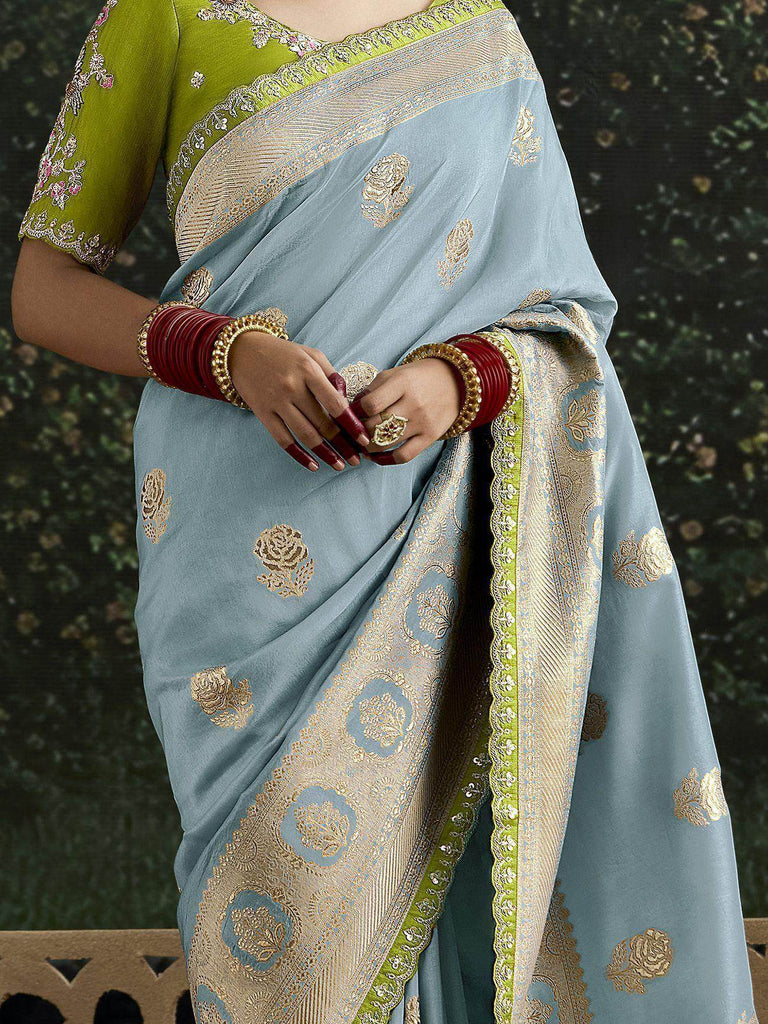 Gorgeous Sky-Blue Zari Weaving Silk Event Wear Saree With Blouse