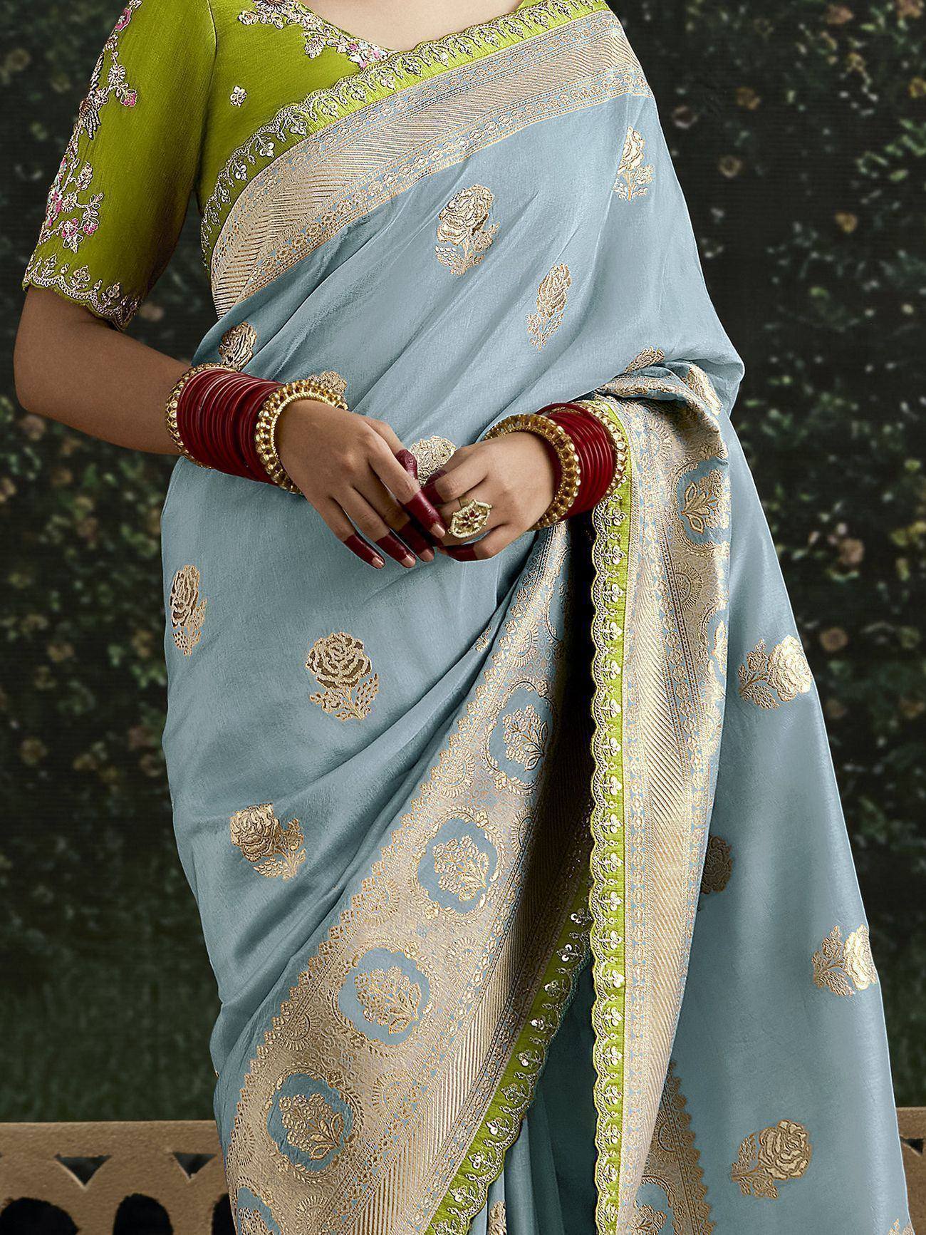 Gorgeous Sky-Blue Zari Weaving Silk Event Wear Saree With Blouse