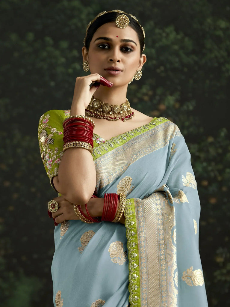 Gorgeous Sky-Blue Zari Weaving Silk Event Wear Saree With Blouse