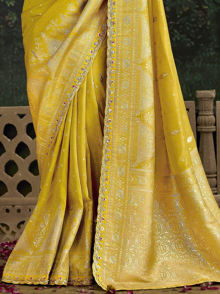 Enchanting Yellow Zari Weaving Silk Haldi Wear Saree With Blouse
