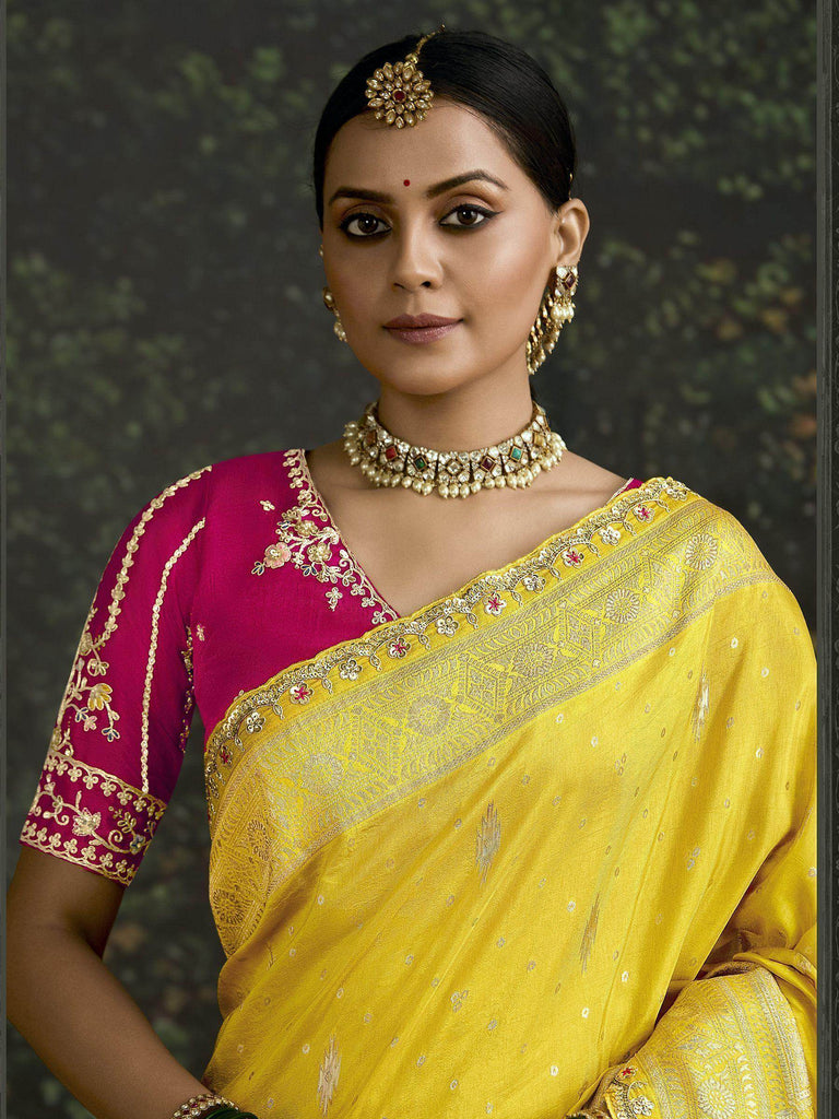Enchanting Yellow Zari Weaving Silk Haldi Wear Saree With Blouse