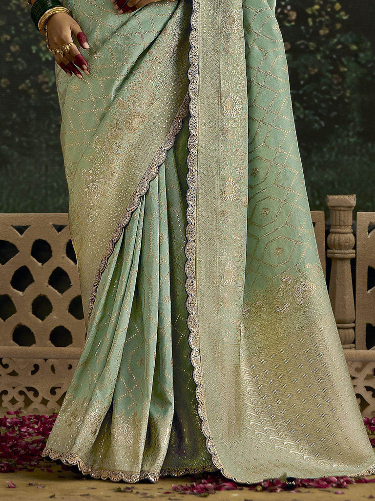 Stunning Pista Green Zari Weaving Silk Wedding Wear Saree With Blouse