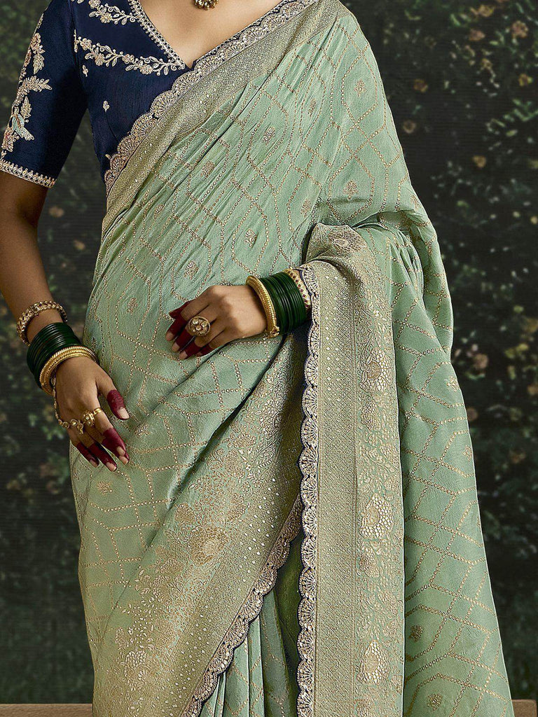 Stunning Pista Green Zari Weaving Silk Wedding Wear Saree With Blouse