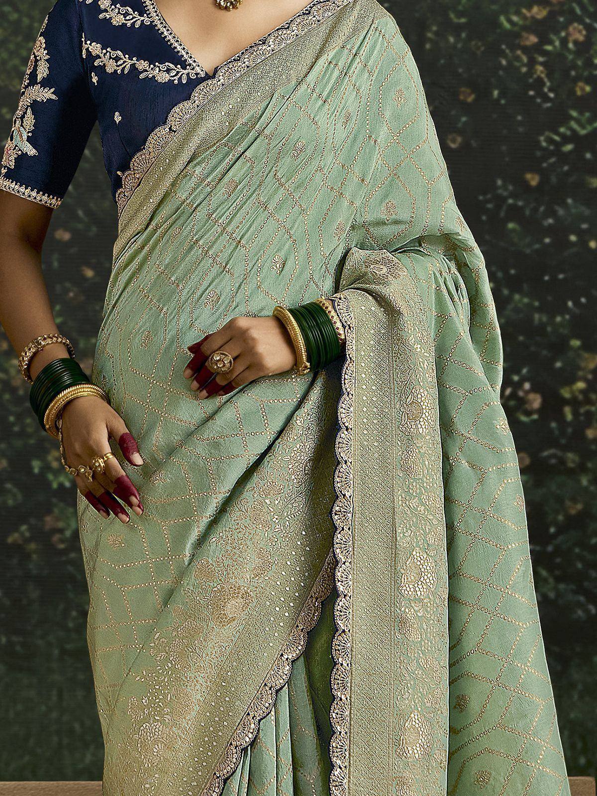 Mint green saree with gold embroidery and navy blue blouse, Indian ethnic wear
