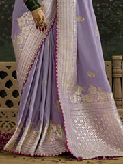 Mesmerizing Lavender Zari Weaving Silk Event Wear Saree With Blouse