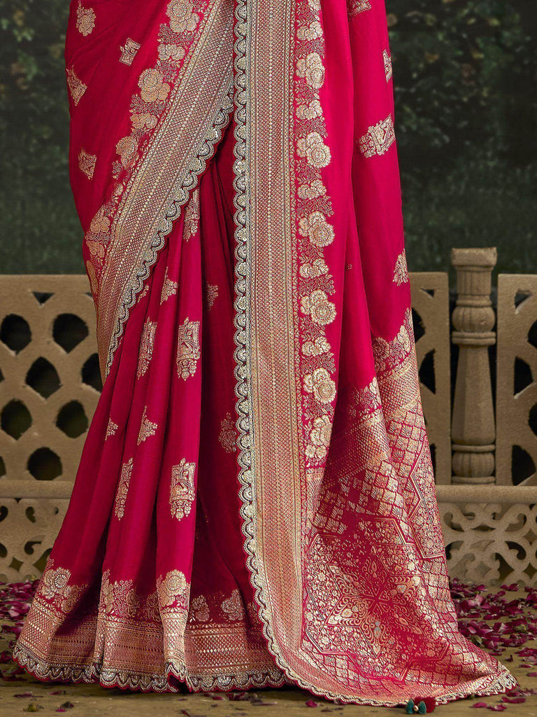 Astonishing Pink Zari Weaving Silk Wedding Wear Saree With Blouse