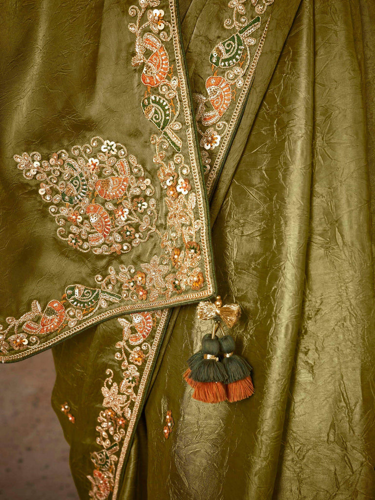 Enchanting Olive Green Sequins Organza Mehendi Wear Saree