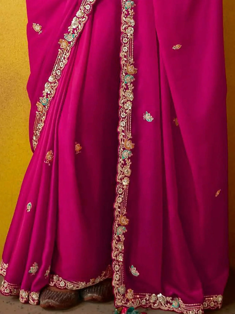 Beautiful Rani Pink Embroidery Organza Wedding Saree With Blouse