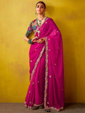 Beautiful Rani Pink Embroidery Organza Wedding Saree With Blouse