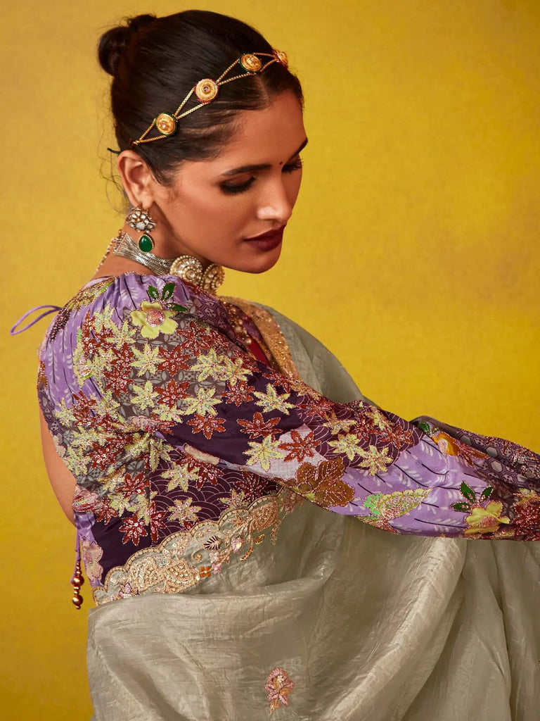 Fabulous Beige Sequins Organza Engagement Wear Saree With Blouse