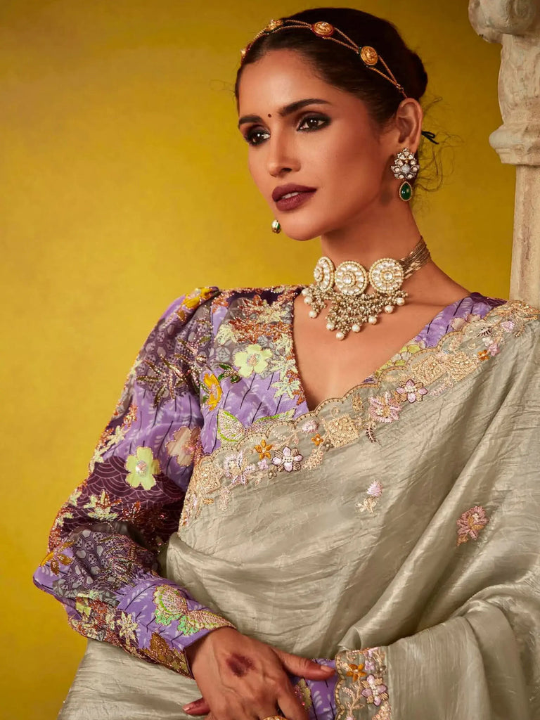 Fabulous Beige Sequins Organza Engagement Wear Saree With Blouse