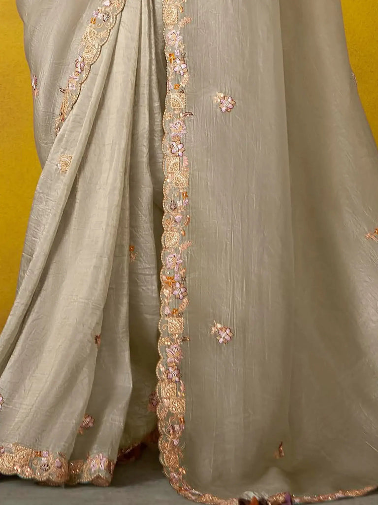 Fabulous Beige Sequins Organza Engagement Wear Saree With Blouse
