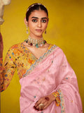 Attractive Baby Pink Thread Embroidered Organza Festival Wear Saree
