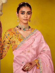 Attractive Baby Pink Thread Embroidered Organza Festival Wear Saree