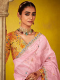 Attractive Baby Pink Thread Embroidered Organza Festival Wear Saree