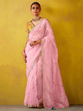 Attractive Baby Pink Thread Embroidered Organza Festival Wear Saree