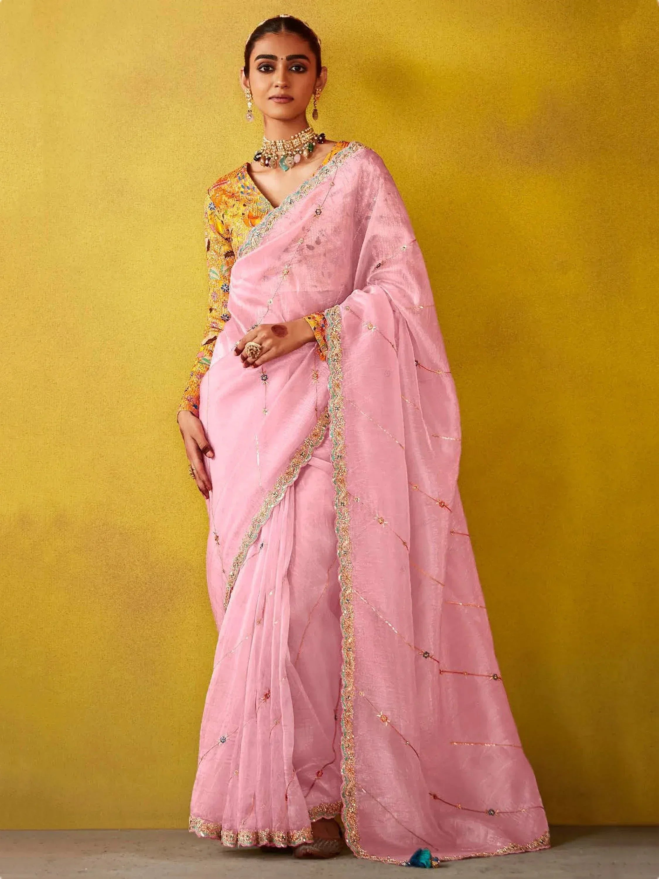 Pink embroidered saree with floral blouse, ethnic Indian wear for weddings and festivals