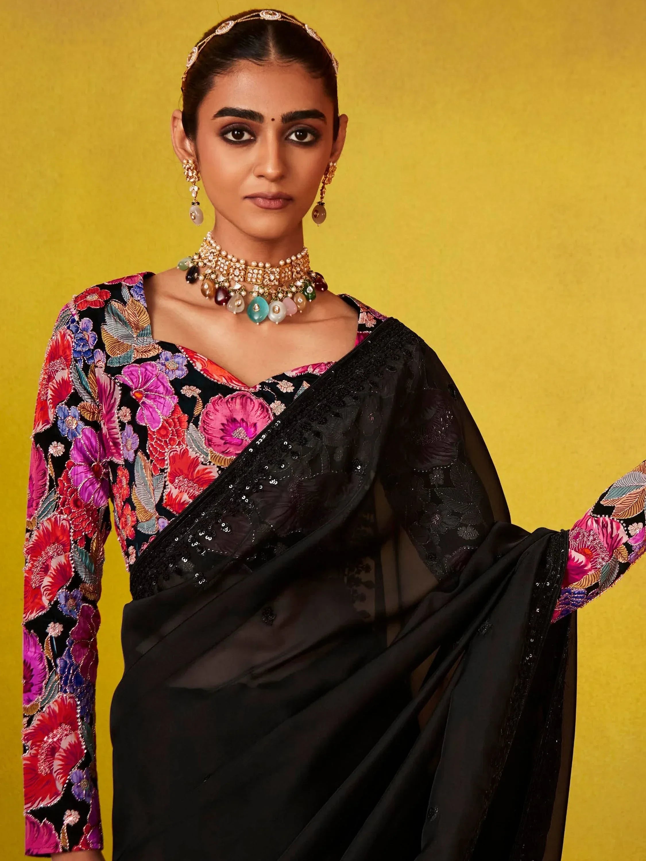 Alluring Black Sequins Organza Reception Wear Saree With Blouse