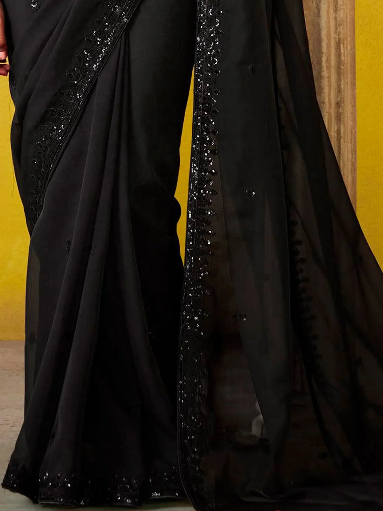 Alluring Black Sequins Organza Reception Wear Saree With Blouse