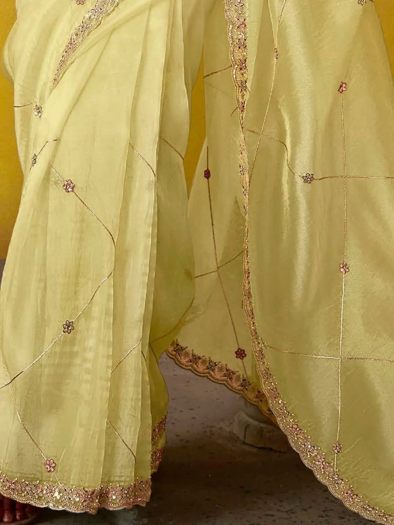 Charming Light Yellow Embroidered Organza Saree With Blouse