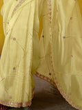 Charming Light Yellow Embroidered Organza Saree With Blouse