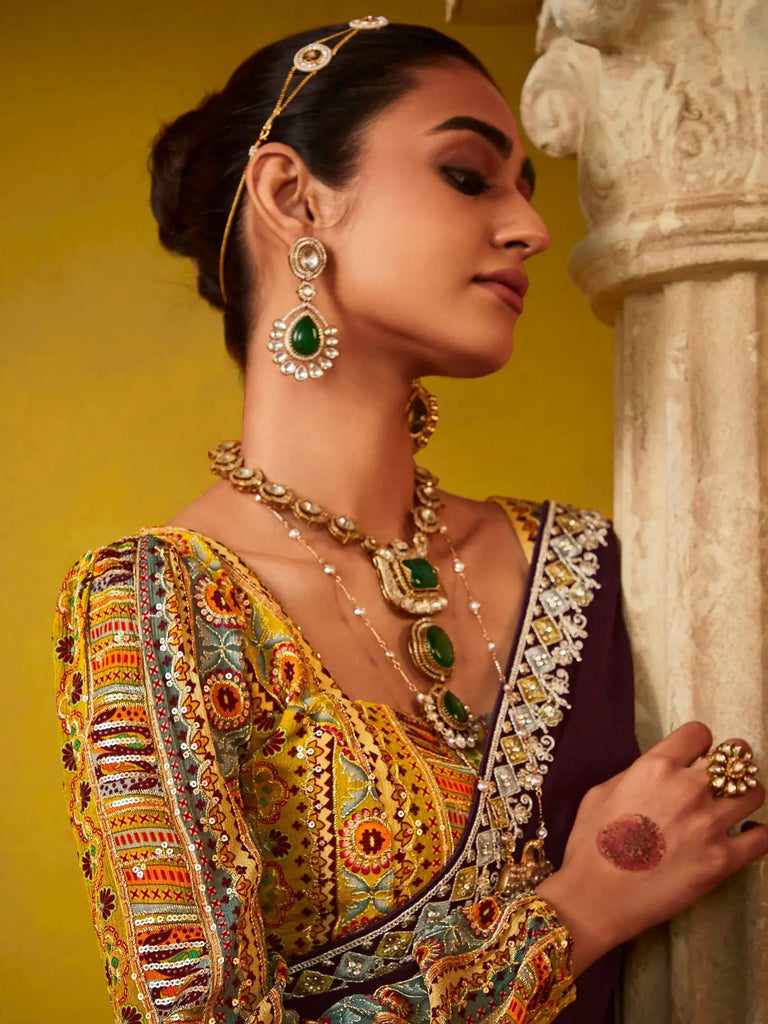 Adorable Wine Thread Embroidered Organza Wedding Saree With Blouse