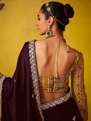 Adorable Wine Thread Embroidered Organza Wedding Saree With Blouse