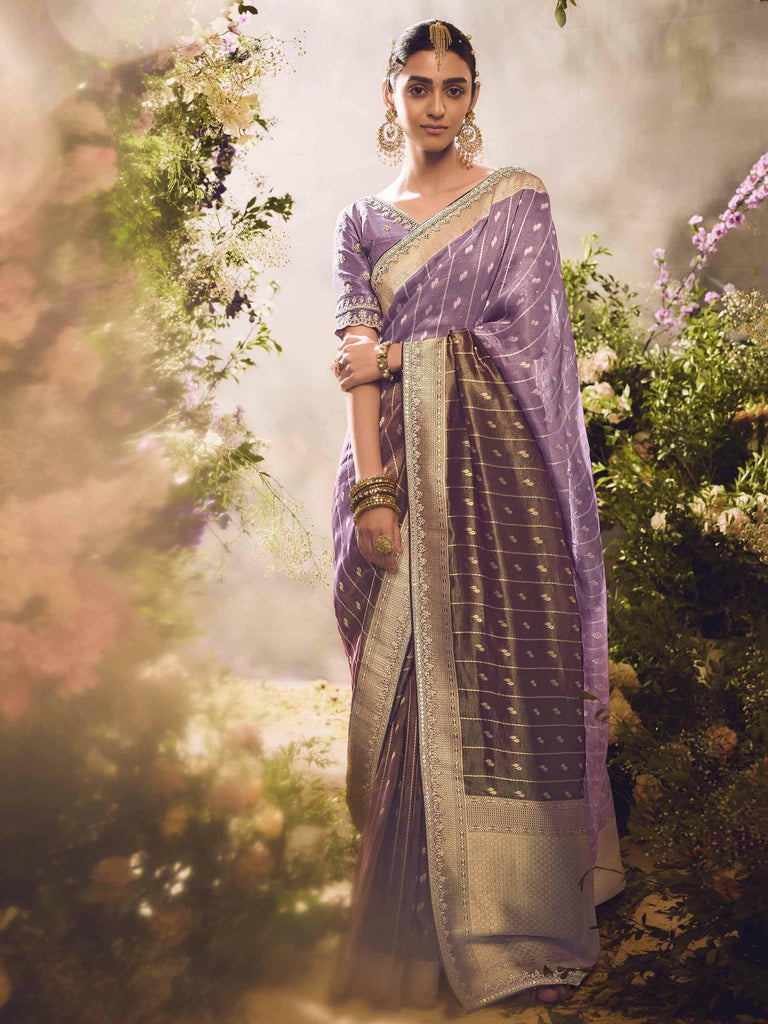 Enchanting Dusty Purple Zari Weaving Organza Festival Wear Saree