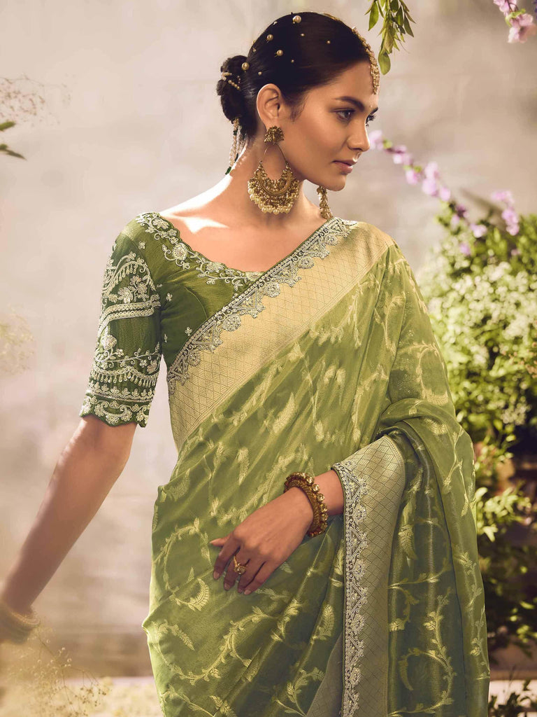 Attractive Green Zari Weaving Organza Mehendi Wear Saree With Blouse
