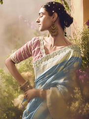 Adorable Sky-Blue Zari Weaving Organza Saree With Blouse