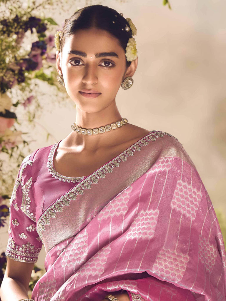 Charming Pink Zari Weaving Organza Engagement Wear Saree