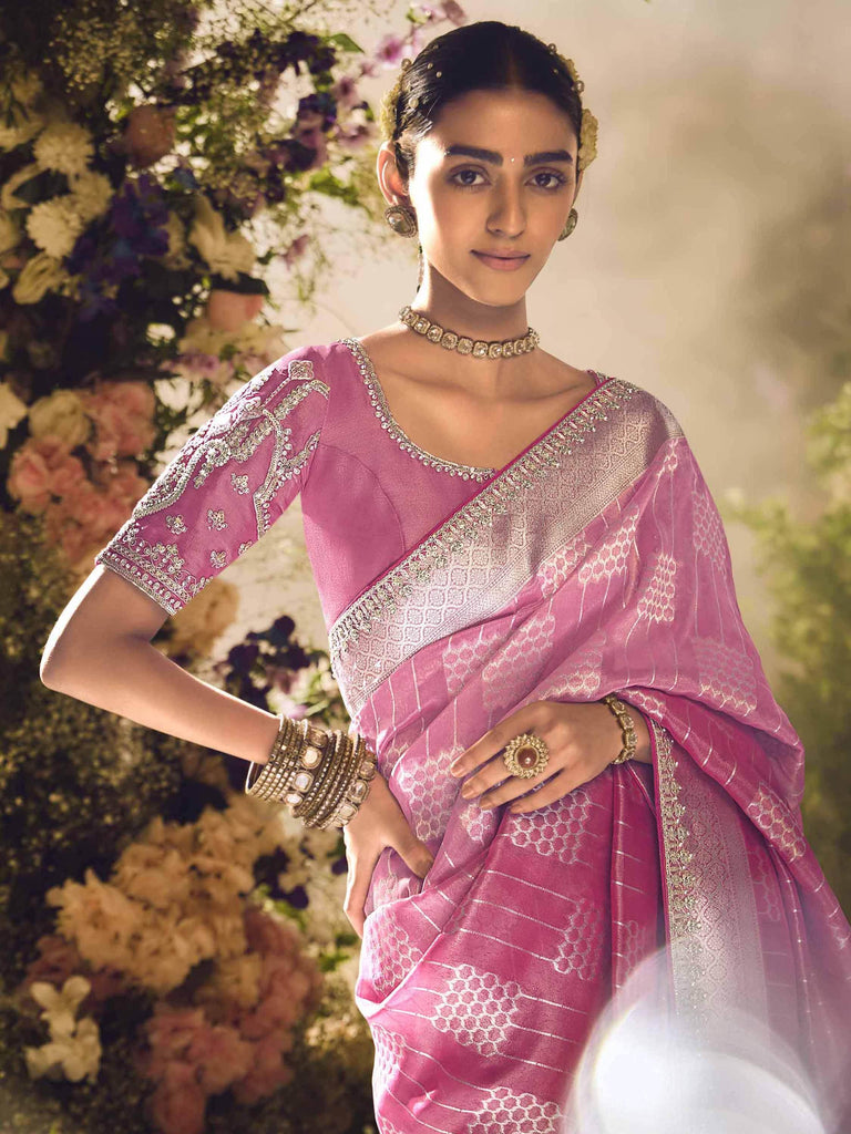 Charming Pink Zari Weaving Organza Engagement Wear Saree