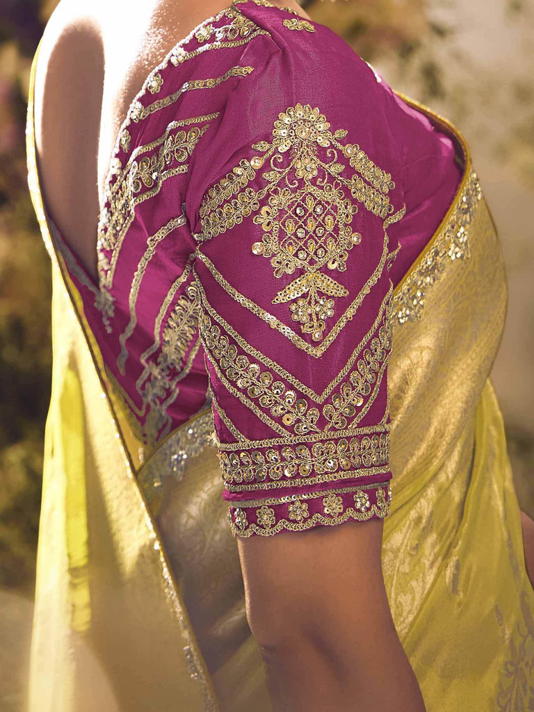 Precious Yellow Zari Weaving Organza Haldi Wear Saree With Blouse