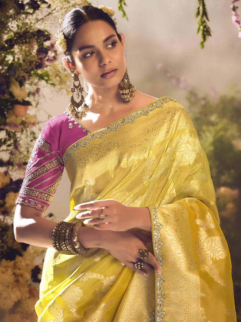 Precious Yellow Zari Weaving Organza Haldi Wear Saree With Blouse