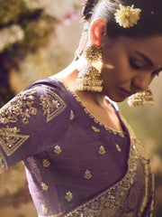 Beautiful Dusty Purple Zari Weaving Organza Event Wear Saree