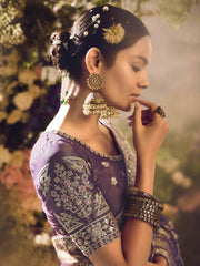 Beautiful Dusty Purple Zari Weaving Organza Event Wear Saree