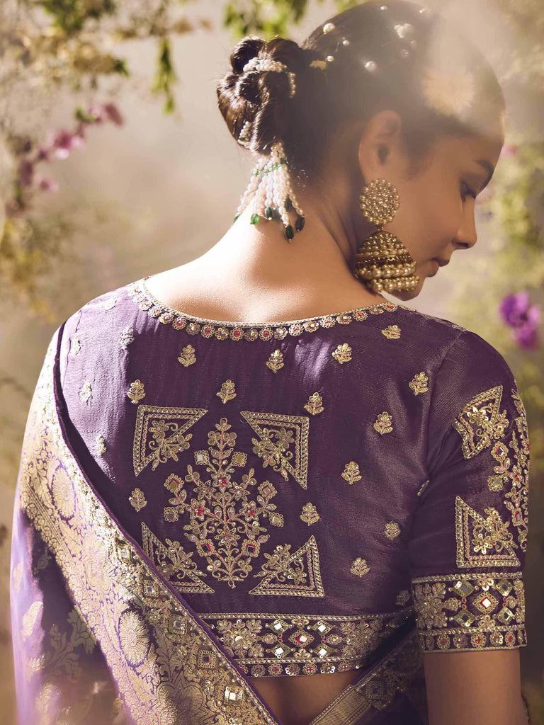 Beautiful Dusty Purple Zari Weaving Organza Event Wear Saree