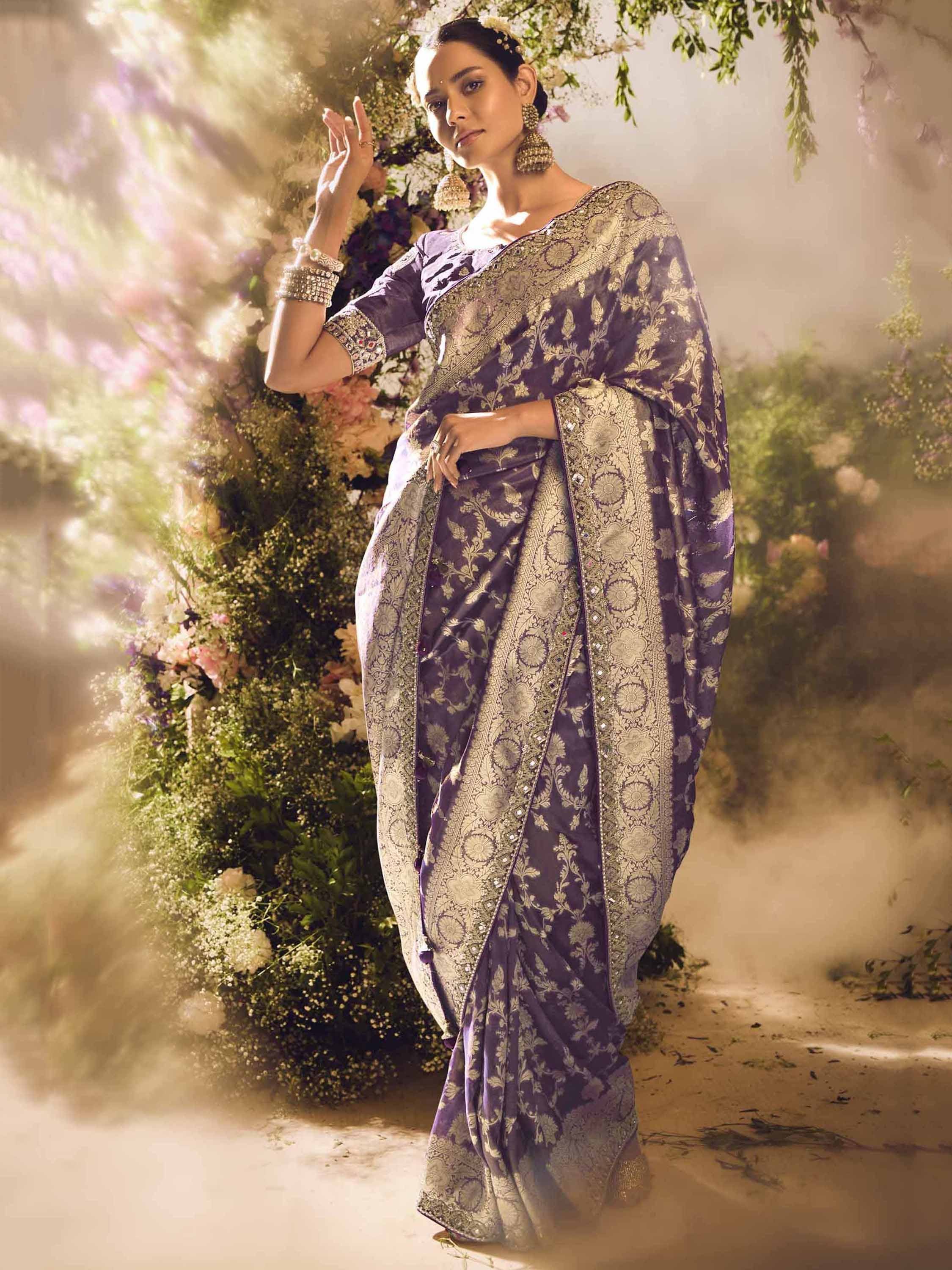 Elegant purple designer saree with gold floral embroidery, perfect for Indian ethnic wear occasions