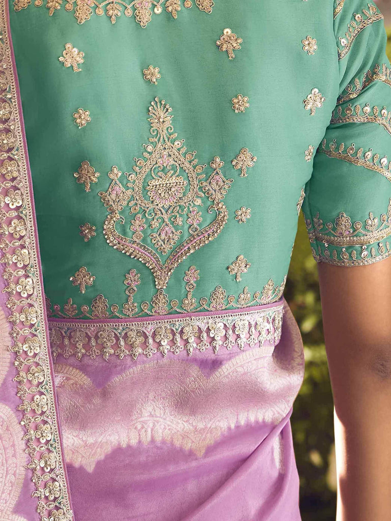 Stunning Lavender Zari Weaving Organza Wedding Saree With Blouse
