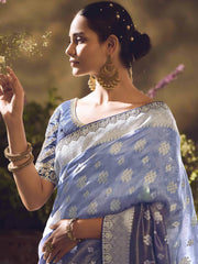 Fascinating Steel Blue Zari Weaving Organza Festival Wear Saree