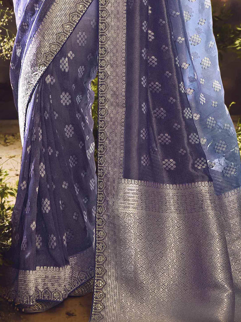Fascinating Steel Blue Zari Weaving Organza Festival Wear Saree