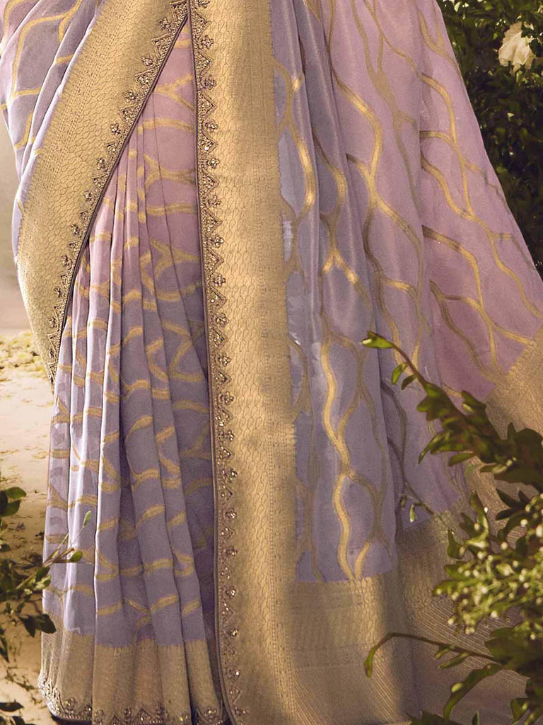 Mesmerizing Light Lavender Zari Weaving Organza Saree With Dupatta